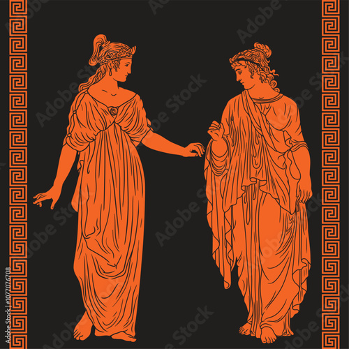 Two ancient Greek women in tunics are sitting on chairs and talking.
