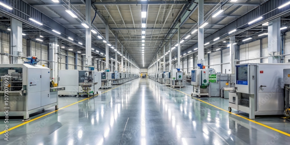 Fototapeta premium Modern Industrial Factory Interior with Bright Lighting and Yellow Lines, Factory, Manufacturing