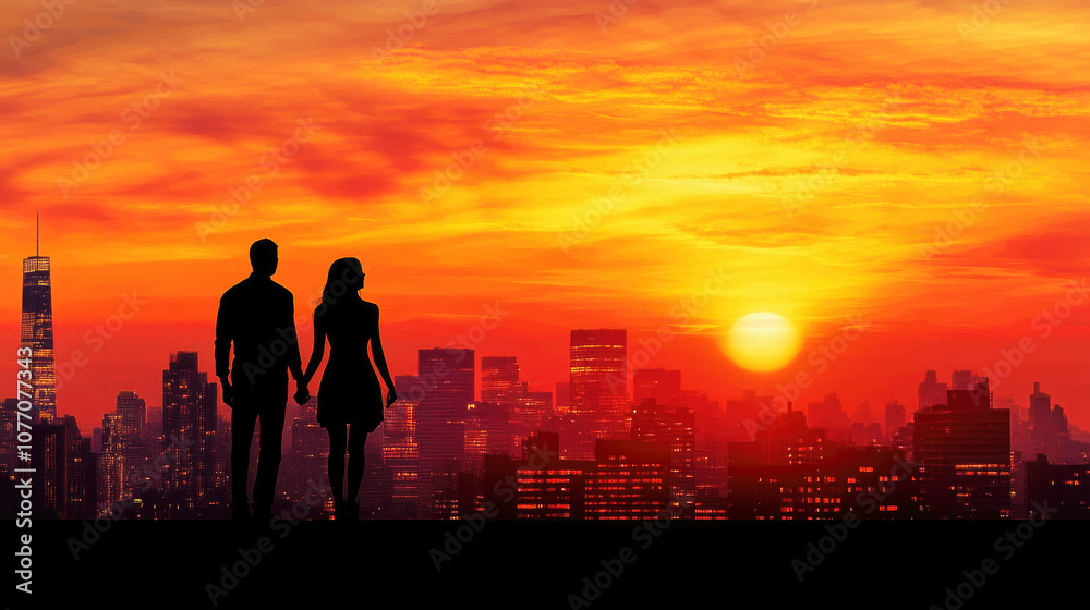 Fototapeta premium Couple holding hands and enjoying a sunset view over the city skyline from a high viewpoint