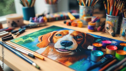 Vibrant art supplies designed for pet lovers arranged on a rustic wooden table, showcasing creativity and passion for animals photo