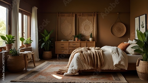 A bedroom filled with natural textures like rattan, macramé, and wooden furniture. Decor includes warm, earthy tones, patterned textiles, and lots of indoor plants, creating a cozy, eclectic vibe.