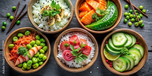 Wallpaper Mural Colorful Rice Bowls with Fresh Vegetables, Asian Food , Japanese Cuisine Torontodigital.ca
