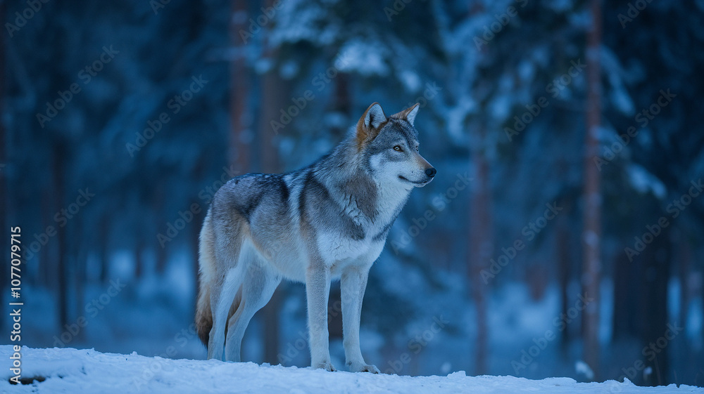 Fototapeta premium Wolf Standing in Snowy Forest at Dusk
