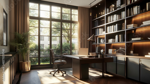 Wallpaper Mural Modern home office with large windows, wooden desk, and bookshelf filled with books. Torontodigital.ca