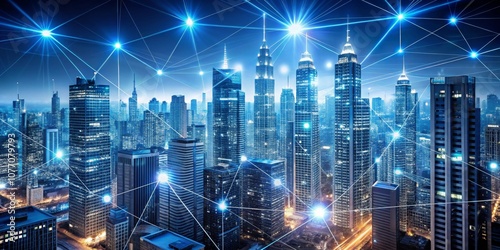 Wallpaper Mural Cityscape with Interconnected Blue Lines and Glowing Points, Digital Network, Urban Landscape, Smart City, Technology, Network Architecture, Futuristic City Torontodigital.ca