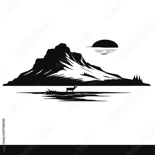 A silhouette scene with a half-setting sun dipping behind a rugged hill by the seashore