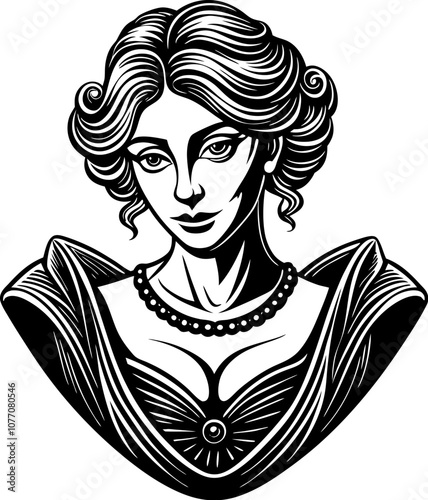 Classic woman bust avatar in engraving style. Black and white lady drawing, in vintage style