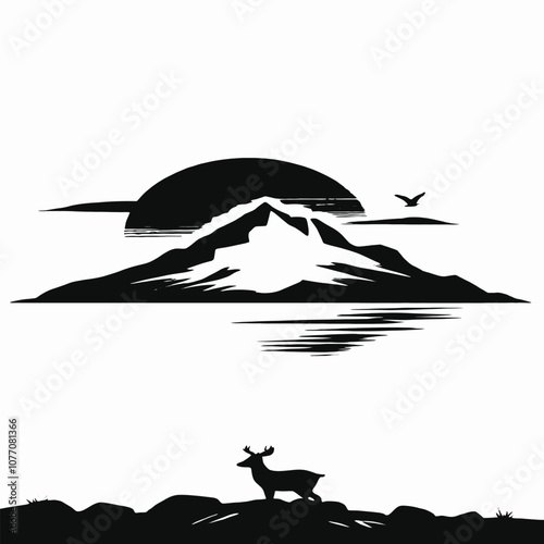 A silhouette scene with a half-setting sun dipping behind a rugged hill by the seashore