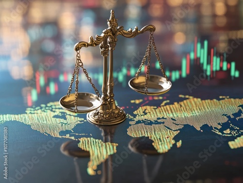 A global finance law concept with scales of justice overlaid on a world map filled with stock market symbols