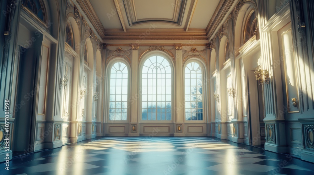 Fototapeta premium Elegant mansion corridor featuring symmetrical windows, showcasing architectural grandeur and timeless design elements.