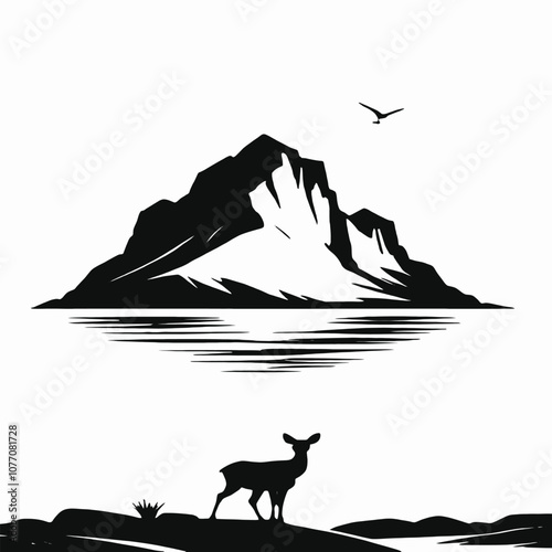 A silhouette scene with a half-setting sun dipping behind a rugged hill by the seashore