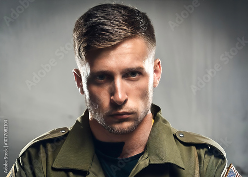 Person wearing military uniform with American flag patch on shoulder, standing against a blurred background photo