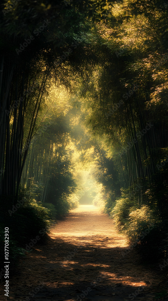 Obraz premium Sunbeams illuminating a path through a dense bamboo forest.