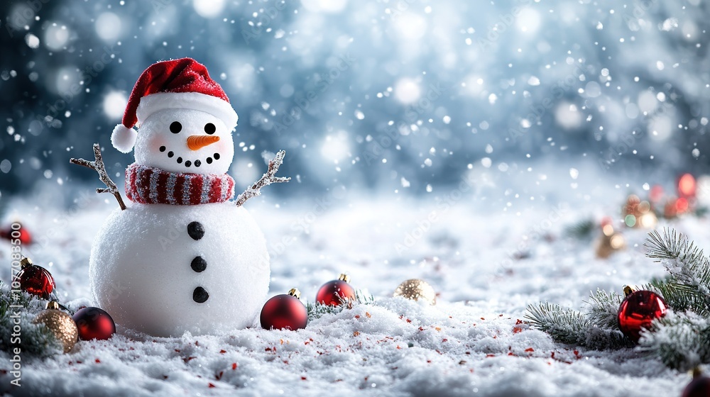 Fototapeta premium Smiling snowman with red scarf in snowy scene