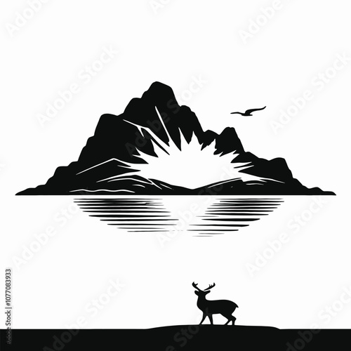 A silhouette scene with a half-setting sun dipping behind a rugged hill by the seashore