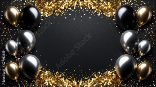A stylish background featuring black, gold, and silver balloons along with shimmering gold confetti on a dark backdrop. The image includes ample copy space in the center, ideal for text overlays