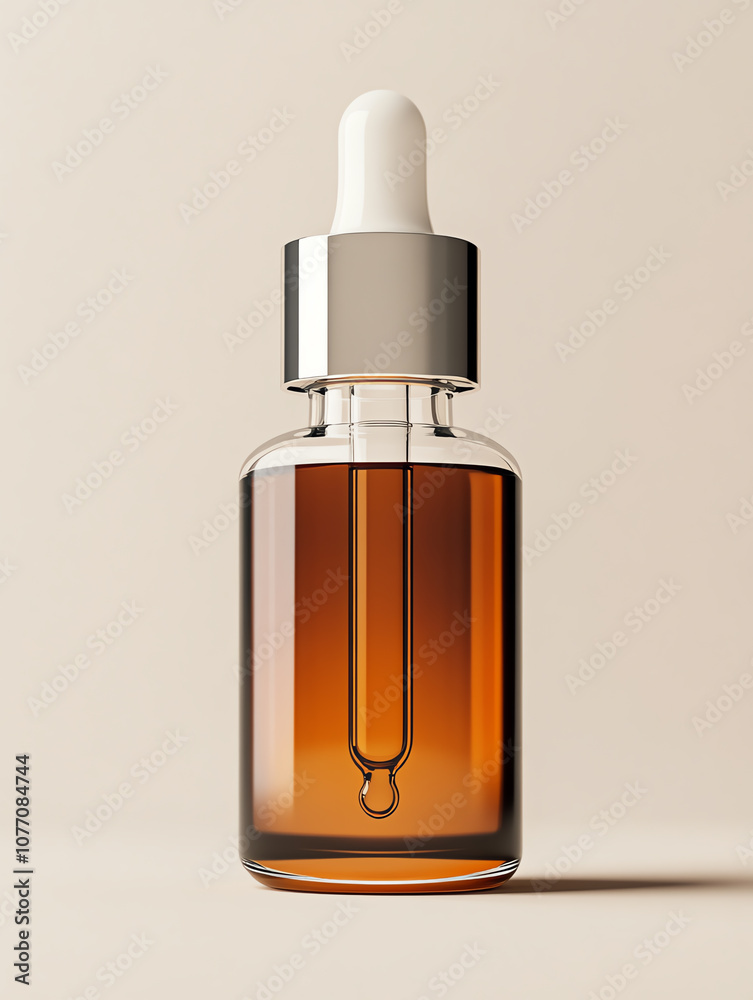 Naklejka premium Minimalist amber dropper bottle with metallic cap on beige background, perfect for skincare or essential oils branding and advertising.