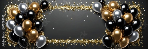A festive horizontal banner with black, gold, and silver balloons adorned with gold confetti on a dark background, with copy space for text