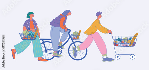 Flat Vector Illustration Characters with grocery baskets, bike basket, and shopping cart filled with Groceries isolated. Three Characters in casual clothing walking with fresh produce in a dynamic sce