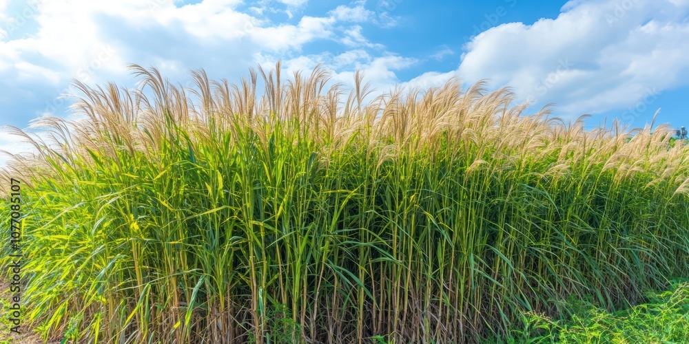 Fototapeta premium Lush Green Grass With Tall Pampas Grass Blades Under Bright Blue Sky and Fluffy White Clouds on a Sunny Day in a Beautiful Natural Landscape