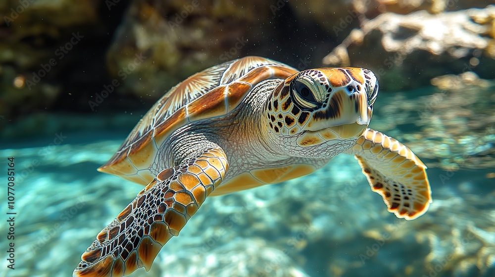 Fototapeta premium A turtle swimming gracefully through the clear water, representing the importance of marine life conservation