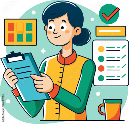 Woman with check list of shopping list at home, planning the household