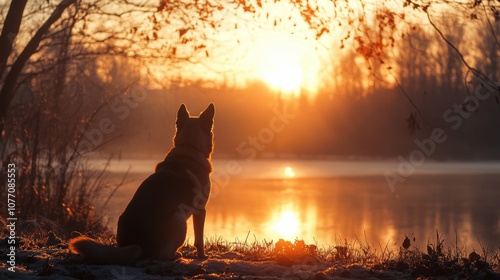 Morning tranquility, a loyal dog gazes at the vibrant sunrise, surrounded by soft hues of dawn, evoking peace and companionship.
