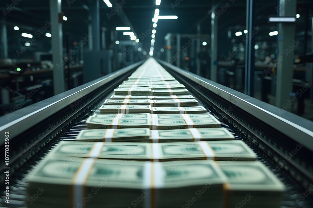 Fototapeta premium Conveyor belt with stacks of dollar bills moving – Depicting the currency production process, money printing, and the efficiency of financial systems in action