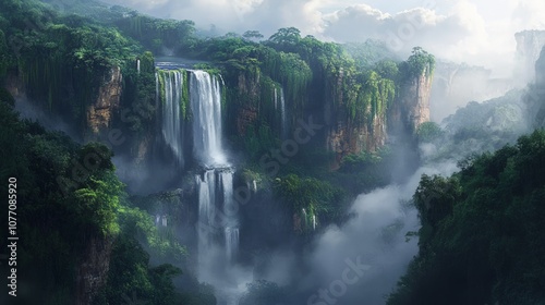 Majestic Waterfall Amidst Lush Jungle, a stunning display of nature's power, water plunges from rocky cliffs, enveloped in mist and vibrant green foliage.