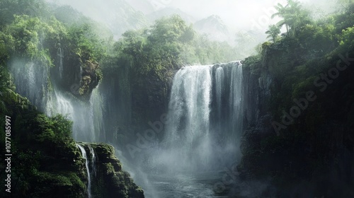 Majestic waterfall plunging over rugged cliffs, enveloped in lush jungle greenery and swirling mist, creating a breathtaking natural spectacle in an untouched wilderness.