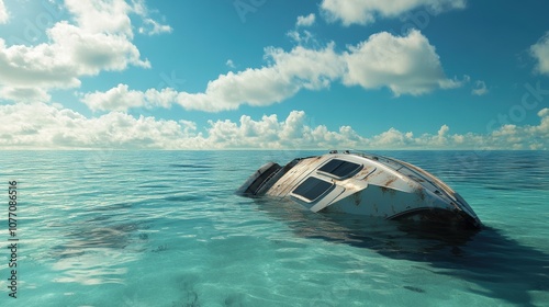 Sunken yacht resting off the coast, hull partially exposed, remnants of a maritime disaster tell a story of loss and resilience