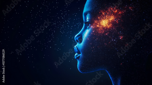 A silhouette of a child against the backdrop of space and the birth of a galaxy, copy space about the concept of the birth of humanity, an idea for a background for a science fiction post.