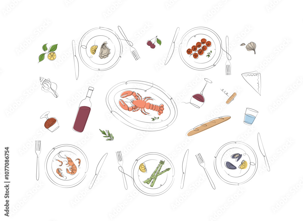 Seafood food plates collection oyster, shrimp, mussels, lobster, asparagus, tomatoes with fork and knife drawing with color on white background