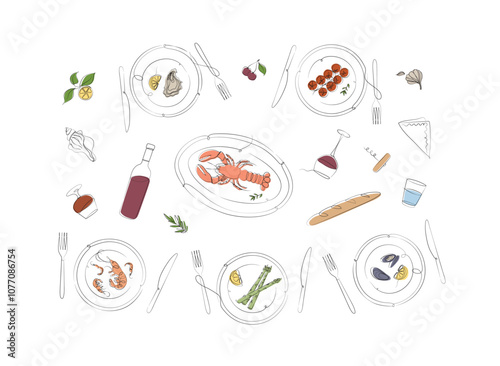 Obraz na płótnie Seafood food plates collection oyster, shrimp, mussels, lobster, asparagus, tomatoes with fork and knife drawing with color on white background w salonie