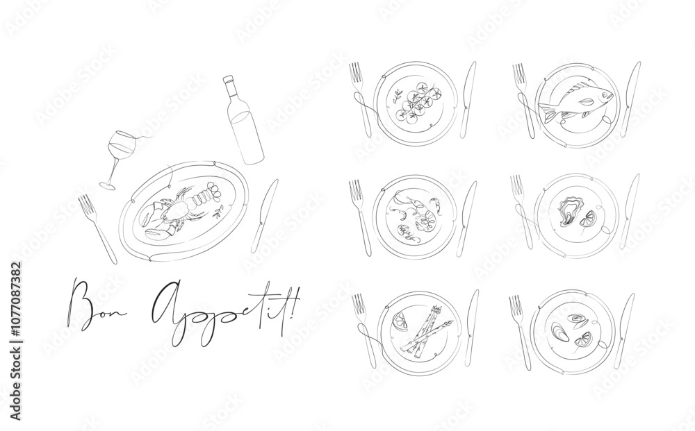 Seafood food plates collection oyster, shrimp, mussels, lobster, asparagus, tomatoes with fork, knife and inscription bon appetit drawing on white background