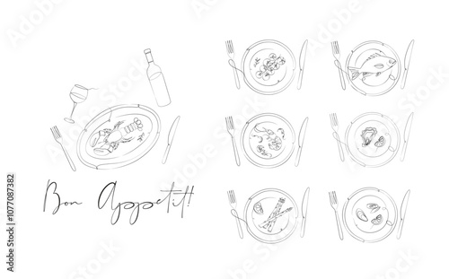 Obraz na płótnie Seafood food plates collection oyster, shrimp, mussels, lobster, asparagus, tomatoes with fork, knife and inscription bon appetit drawing on white background w salonie