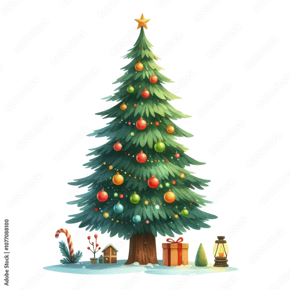 Whimsical Christmas Tree with Gifts and Stars