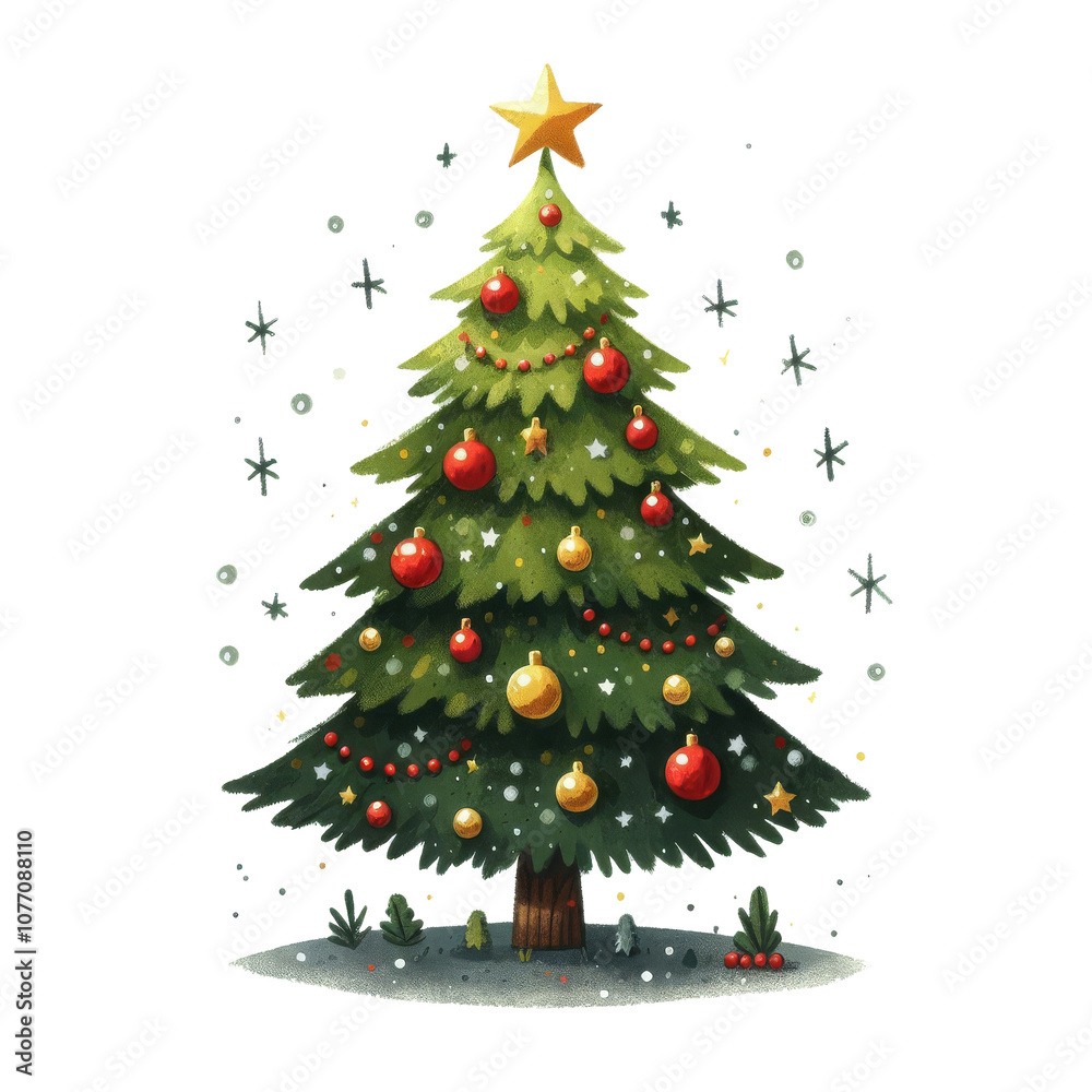 This festive Christmas tree illustration features bright red ornaments, twinkling lights, and a golden star crowning the top, set on a blanket of snow.