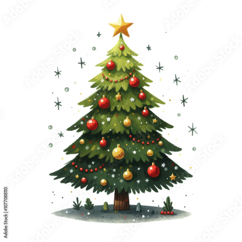 Obraz na płótnie This festive Christmas tree illustration features bright red ornaments, twinkling lights, and a golden star crowning the top, set on a blanket of snow. w salonie
