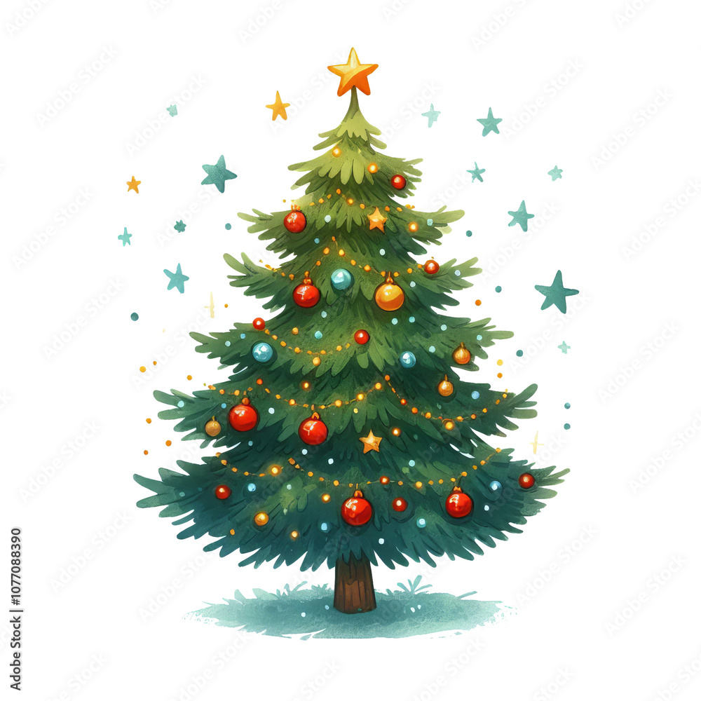 An illustrated Christmas tree stands on snowy terrain, dressed in red ornaments and string lights, with a glowing star completing its holiday charm.