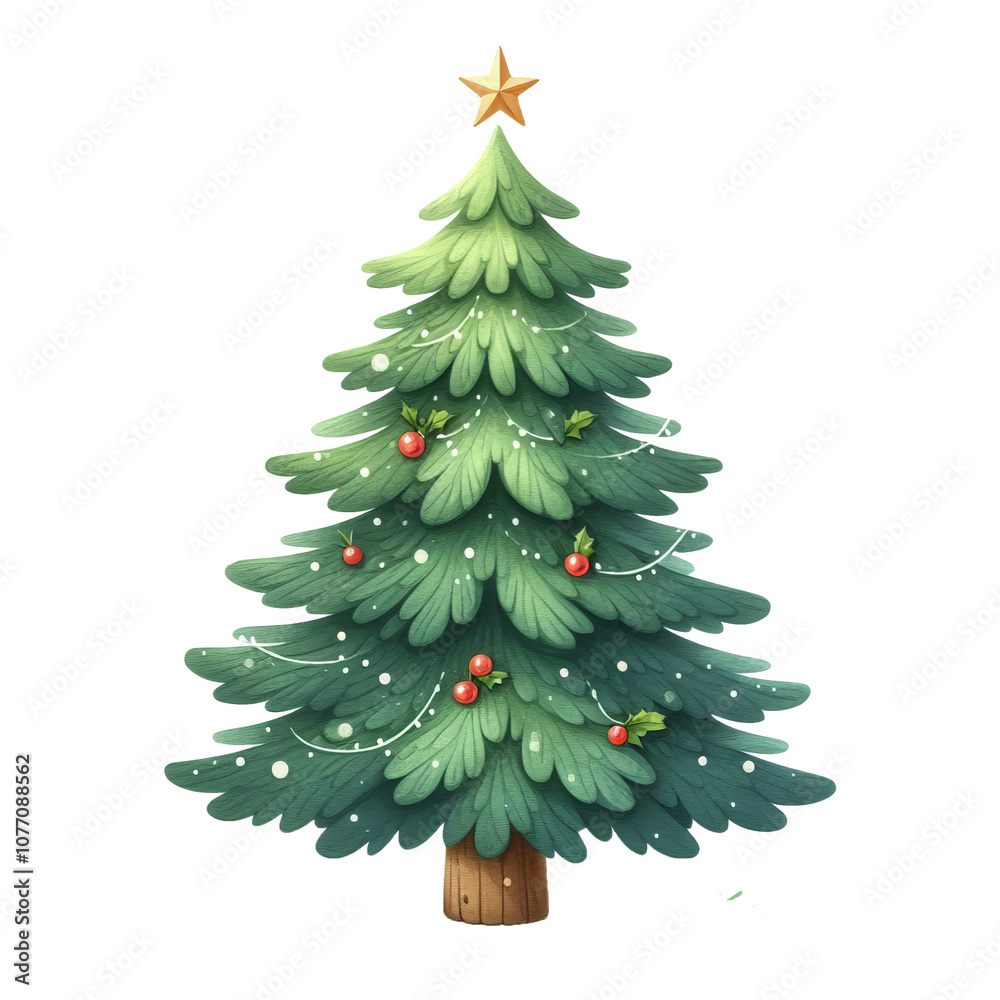 This festive illustration captures a Christmas tree with red decorations, warm string lights, and a radiant star at its peak