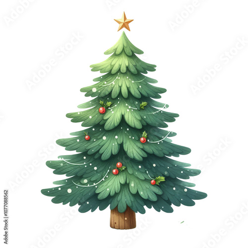Obraz na płótnie This festive illustration captures a Christmas tree with red decorations, warm string lights, and a radiant star at its peak w salonie