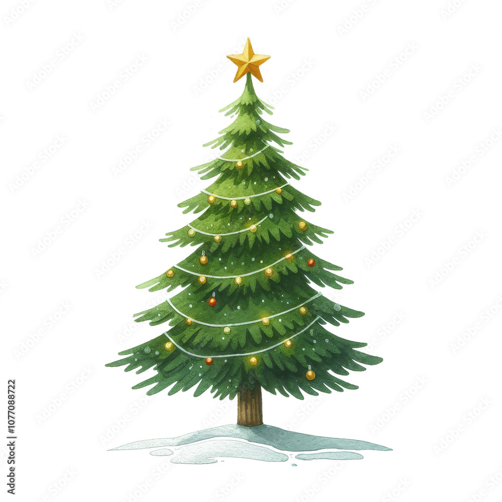 A festive, illustrated Christmas tree decorated with red ornaments, string lights, and topped with a star, set on snowy ground.