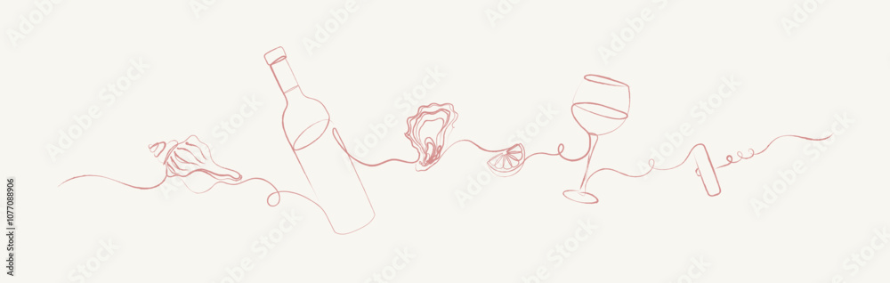Seafood linear silhouette illustration with seashell, bottle of wine, oyster, lemon, glass, corkscrew drawing on beige background