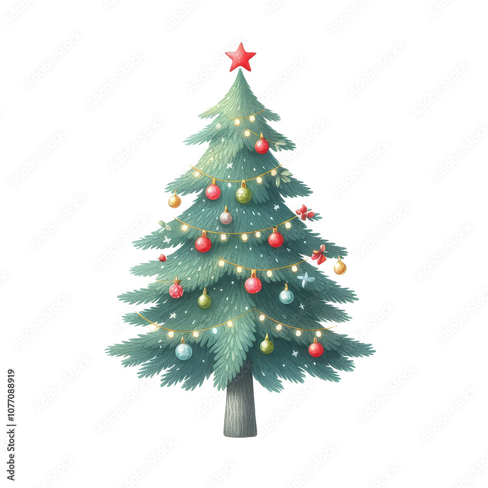 Illustrated Christmas Tree with Ornaments and Lights