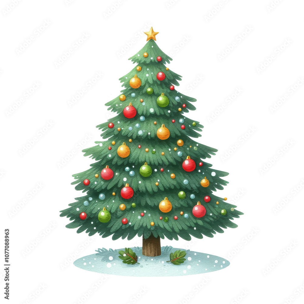 This charming illustration showcases a Christmas tree decorated with vibrant red baubles, twinkling string lights, and a bright star at its peak, standing on a snowy base.