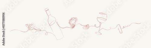 Obraz na płótnie Seafood linear silhouette illustration with seashell, bottle of wine, oyster, lemon, glass, corkscrew drawing on beige background w salonie