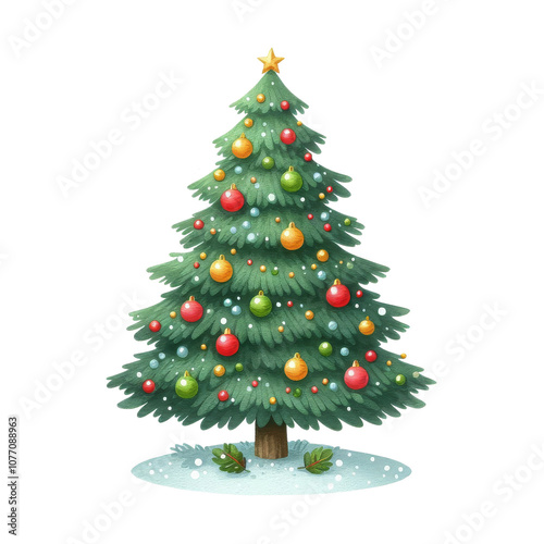 Obraz na płótnie This charming illustration showcases a Christmas tree decorated with vibrant red baubles, twinkling string lights, and a bright star at its peak, standing on a snowy base. w salonie