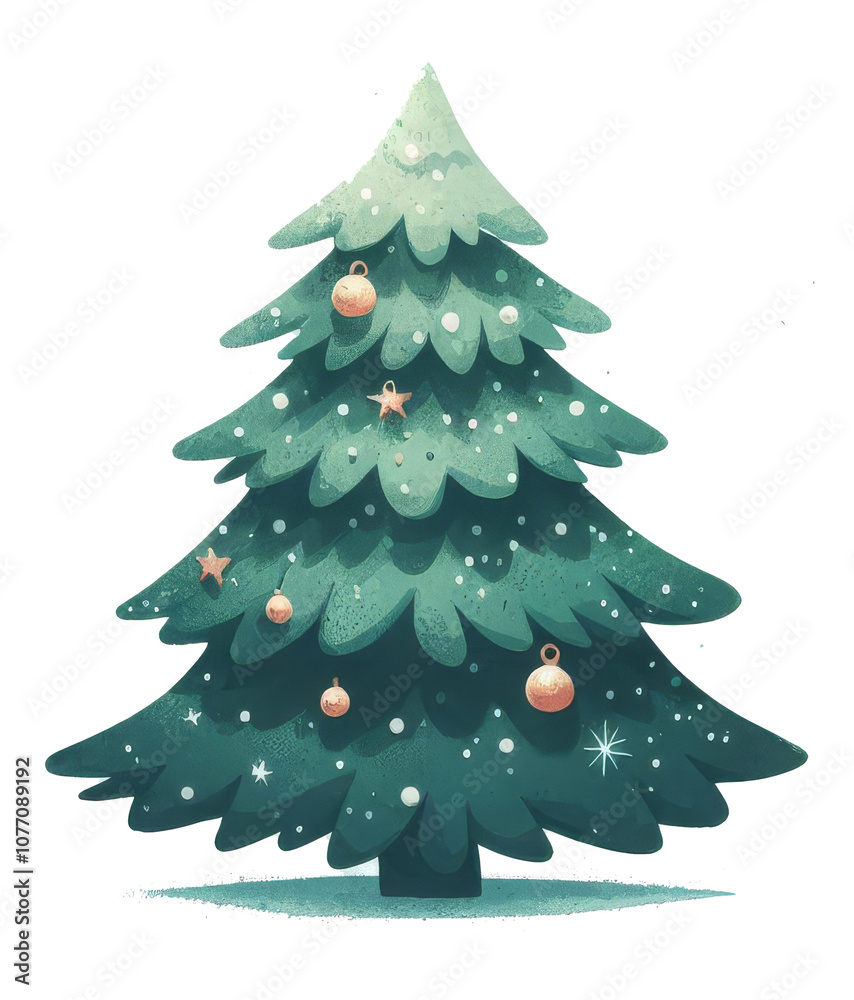 An illustrated Christmas tree adorned with red ornaments, glowing string lights, and a shining star on top, standing elegantly.