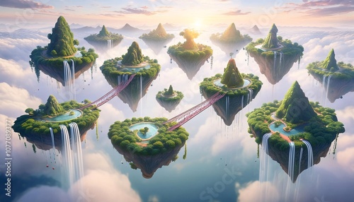 A series of fantacy playful floating verdant islands suspended in mid-air
